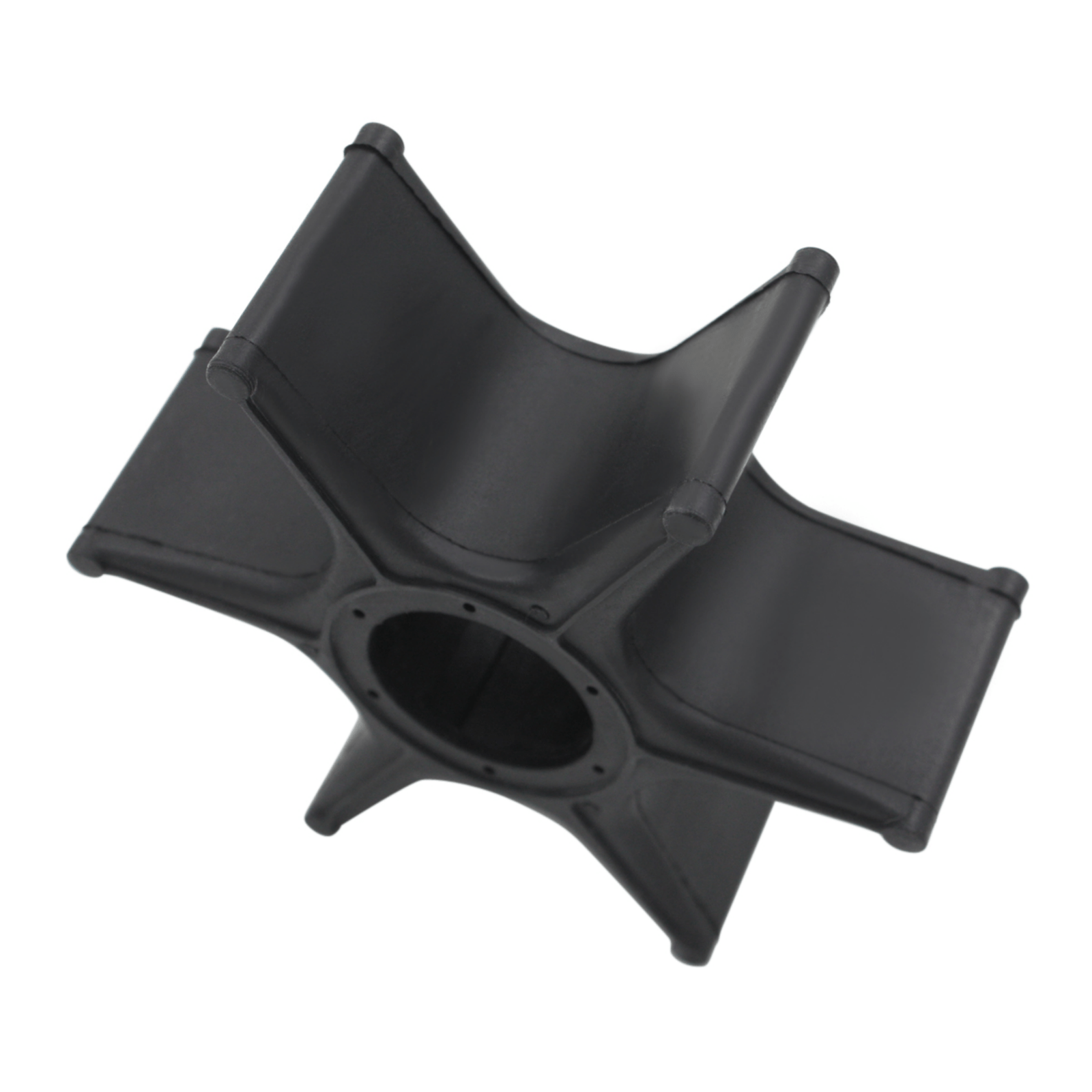 photo of JLM Marine water pump impeller for Honda 75-150hp, black rubber with six curved blades, star-like structure
