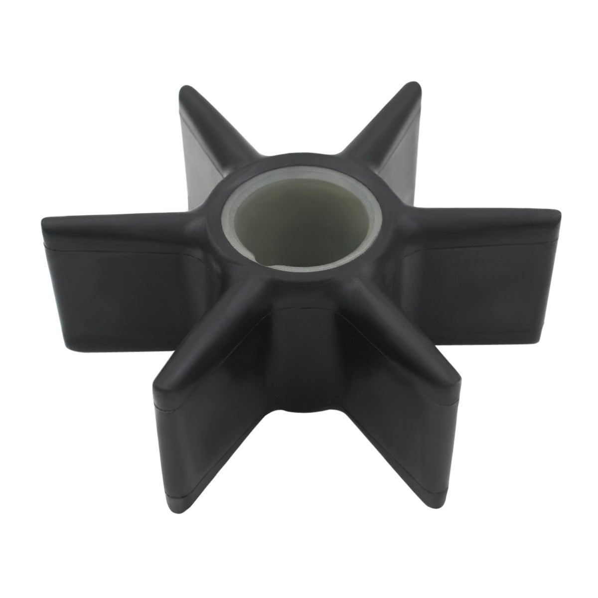 photo of jlm marine water pump impeller 47-43026t2, black six-bladed star shape with hollow white-ringed hub, top-down view