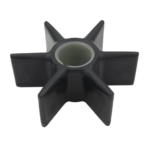 photo of jlm marine water pump impeller 47-43026t2, black six-bladed star shape with hollow white-ringed hub, top-down view