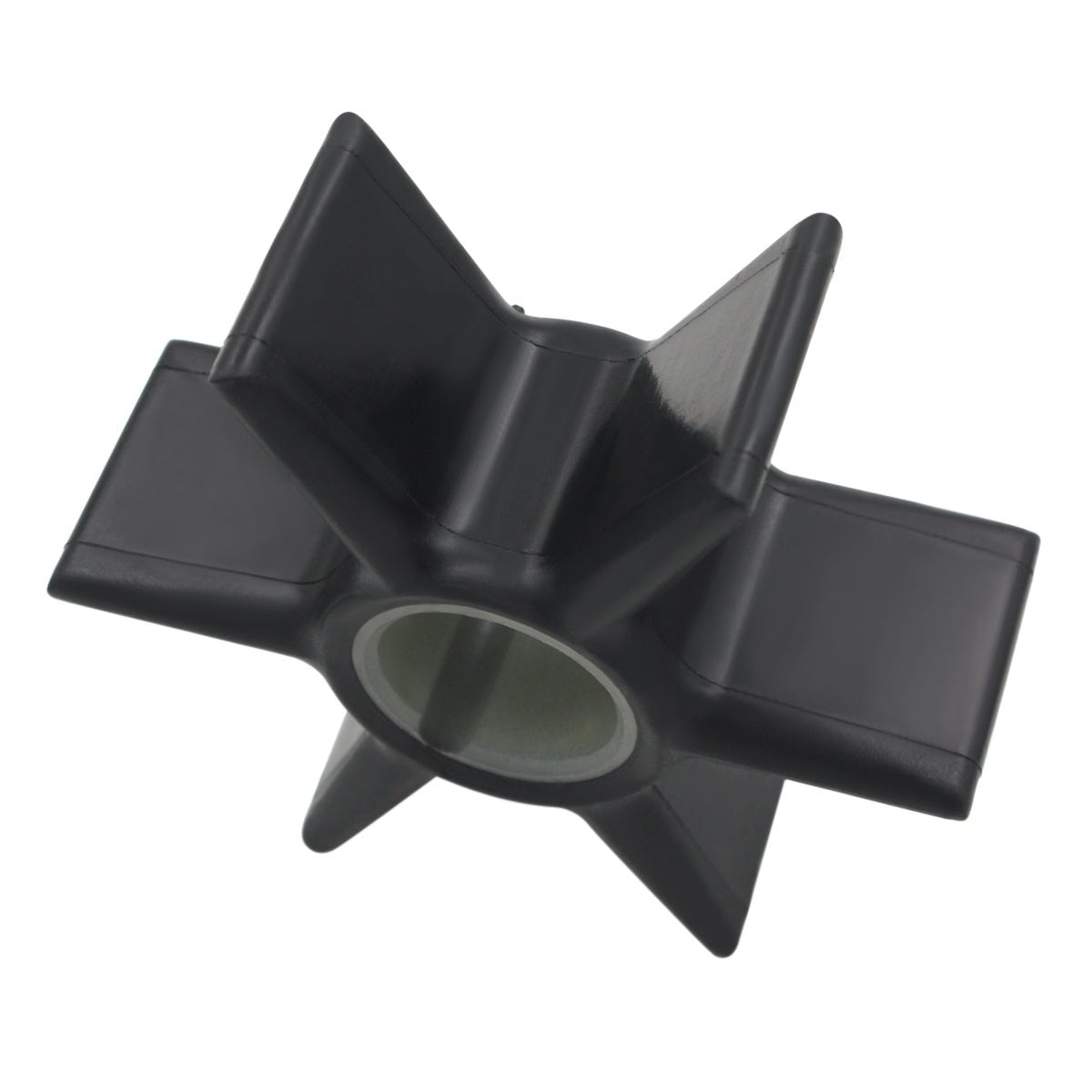 photo of JLM Marine mercury mariner honda water pump impeller 47-43026t2, black six-bladed, star-like shape, flexible blades, central hub with circular opening