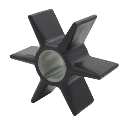 photo of JLM Marine water pump impeller for Mercury Mariner Honda 40-300 hp, black rubber six-blade design with white center bushing, angled view