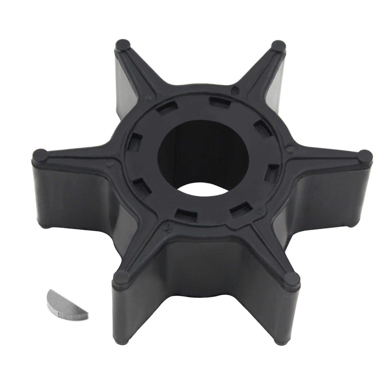 photo of black star-shaped JLM Marine water pump impeller 6l2-44352-00-00 with six rubber vanes and central hub with rectangular cutouts