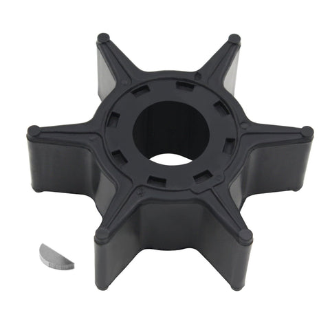 photo of black star-shaped JLM Marine water pump impeller 6l2-44352-00-00 with six rubber vanes and central hub with rectangular cutouts