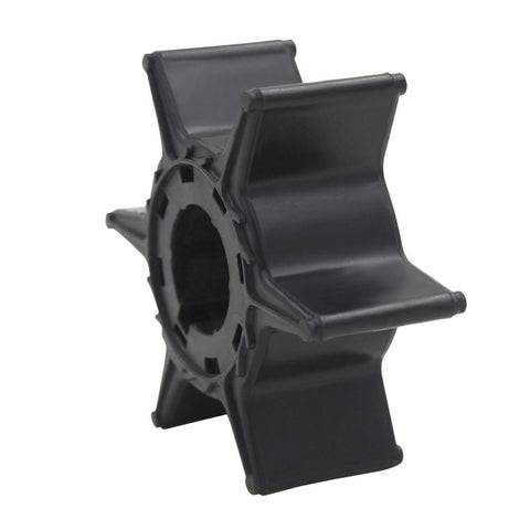 photo of jlm marine 6l2-44352-00-00 water pump impeller for yamaha 20-25 hp, black rubber with six curved blades and central hub