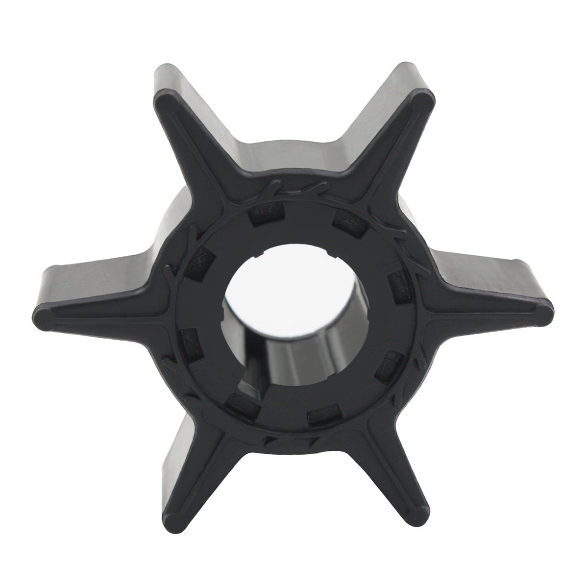 photo of jlm marine water pump impeller 6l2-44352-00-00 for yamaha 20-25 hp, black rubber with six curved pointed blades and central hole