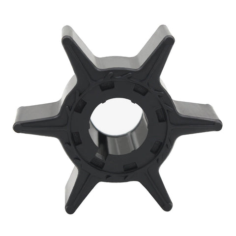 photo of jlm marine water pump impeller 6l2-44352-00-00 for yamaha 20-25 hp, black rubber with six curved pointed blades and central hole