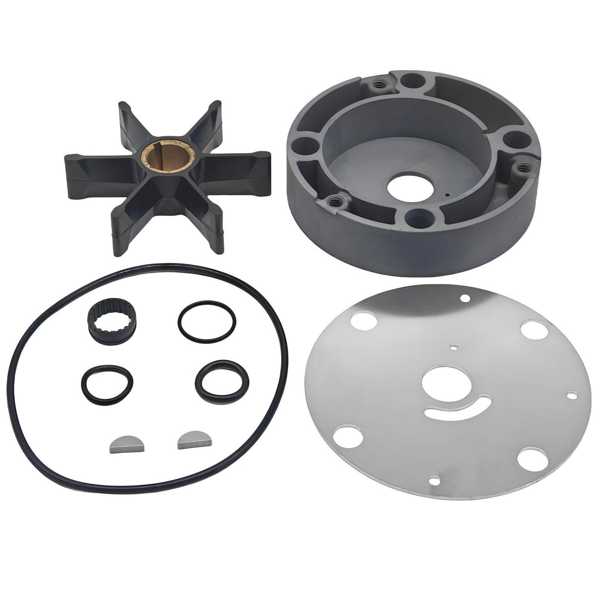 photo of JLM Marine water pump repair kit for OMC stringer drives 983218, featuring a six-bladed black rubber impeller with brass hub, grey plastic housing, O-rings, seals, keys, and a metal base plate
