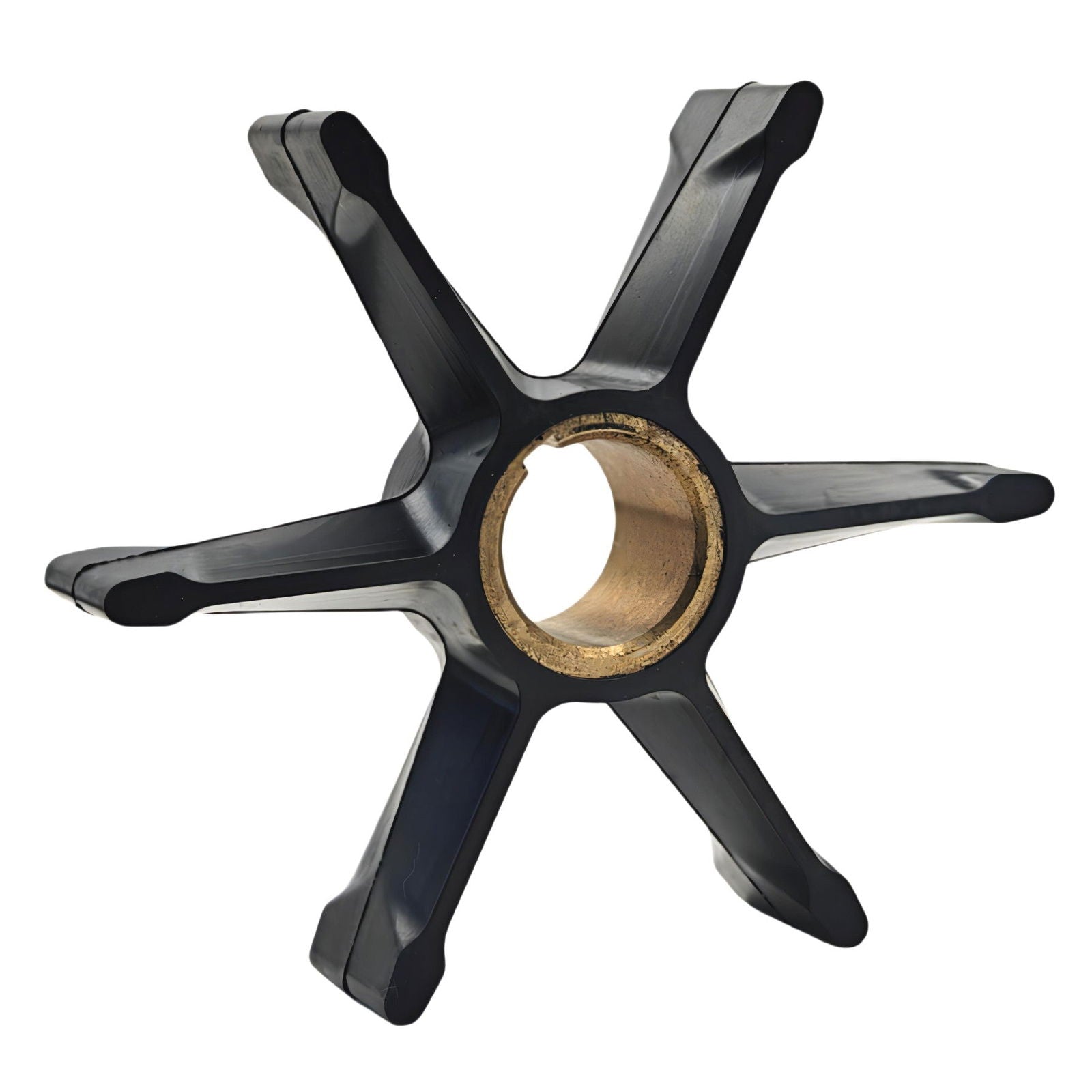photo of JLM Marine 983218 water pump impeller for OMC Stringer drives, black six-bladed flexible impeller with central bronze insert, front elevated view