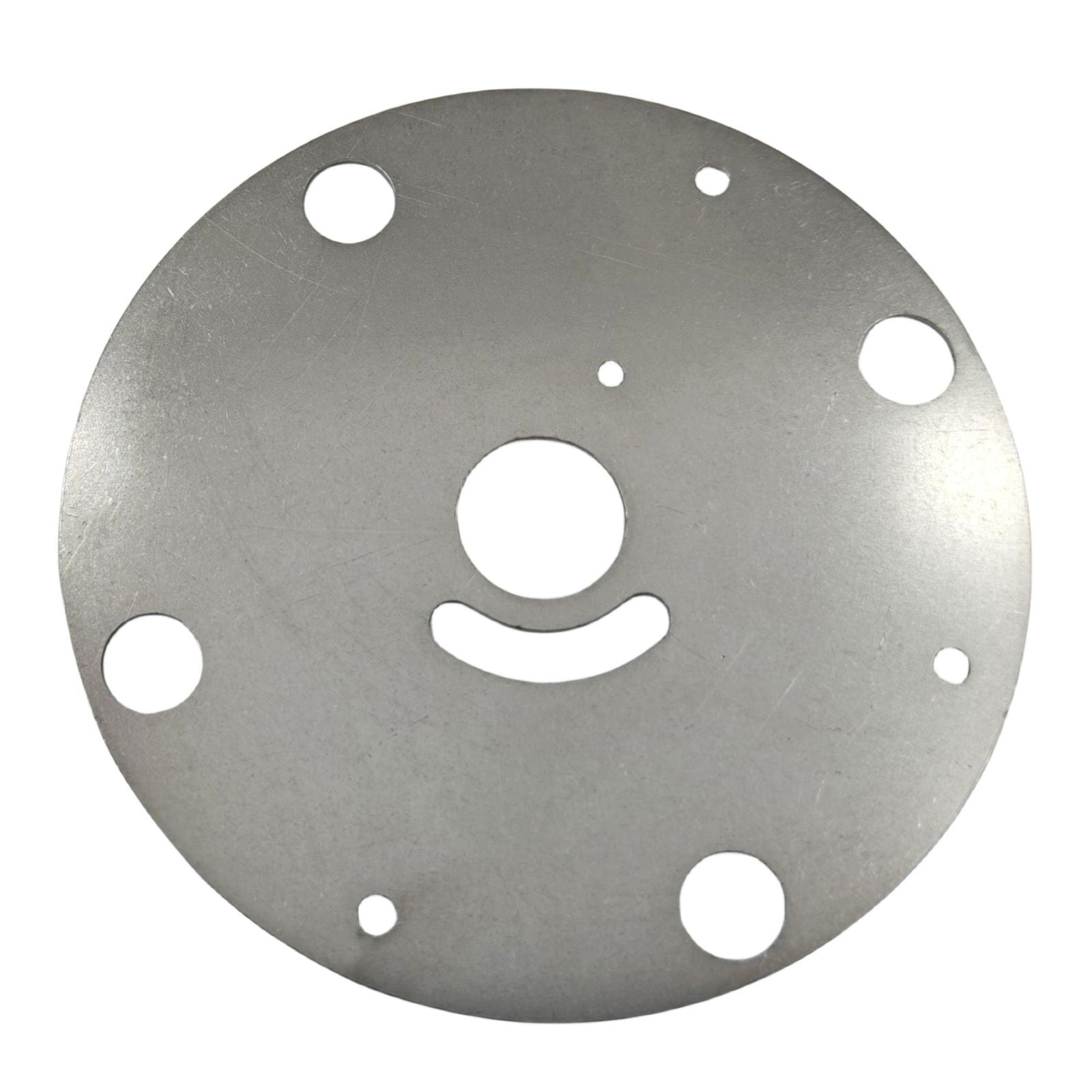 jlm marine water pump repair kit 983218 silver metal plate with central circular opening crescent slot and five perimeter holes