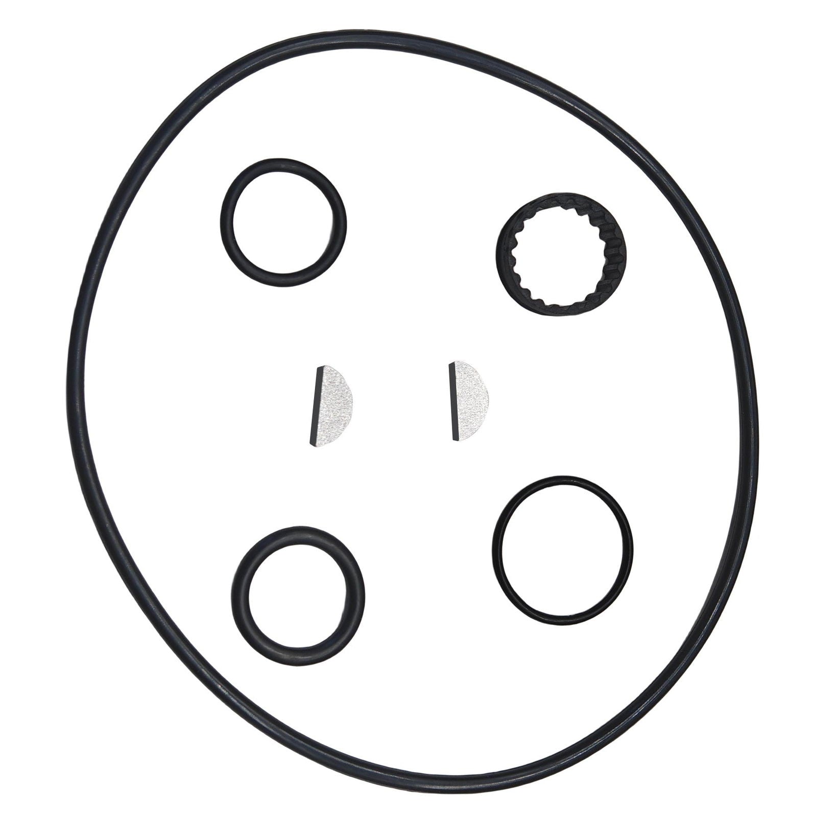 photo of JLM Marine water pump repair kit for OMC Stringer drives 983218 with black O-rings including one with serrated inner edge and two textured metallic discs against white background
