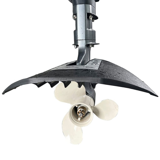 whale-tail-hydrofoil-stabilizer jlm marine driveshaft housing with stabilizer fin and 3-bladed propeller