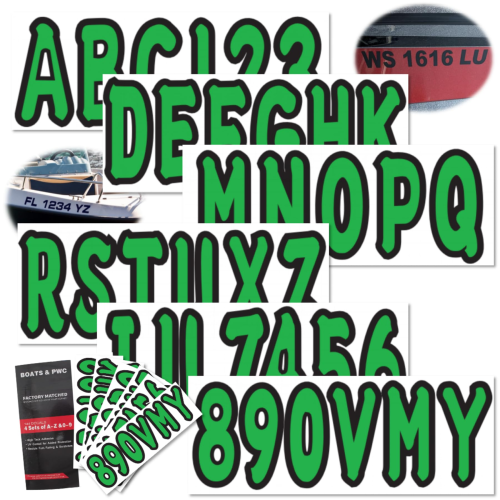 Boat Registration Letter and Number Kit – Green Smooth 3" Decals (4 Sets A-Z, 0-9) – Waterproof, UV Resistant